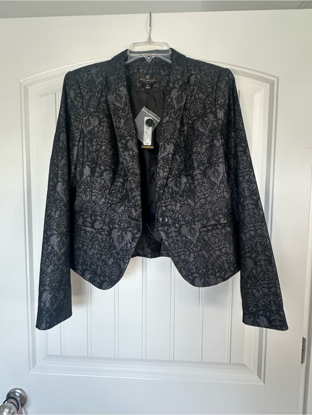 Black Floral Jacquard Cropped Formal Party Work Blazer